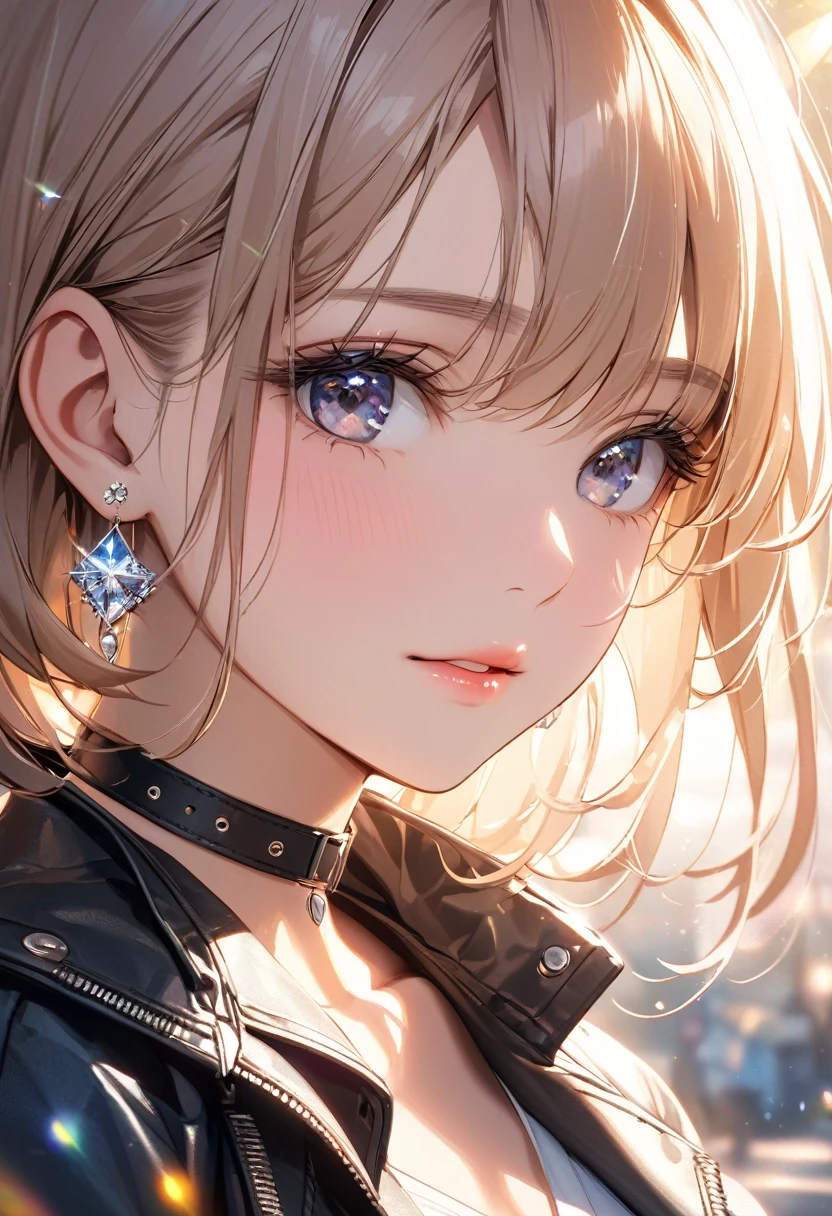 best quality, super_delicate, beautiful, natural face,, 8k, jacket, earrings, leather choker, close up, lens_flare