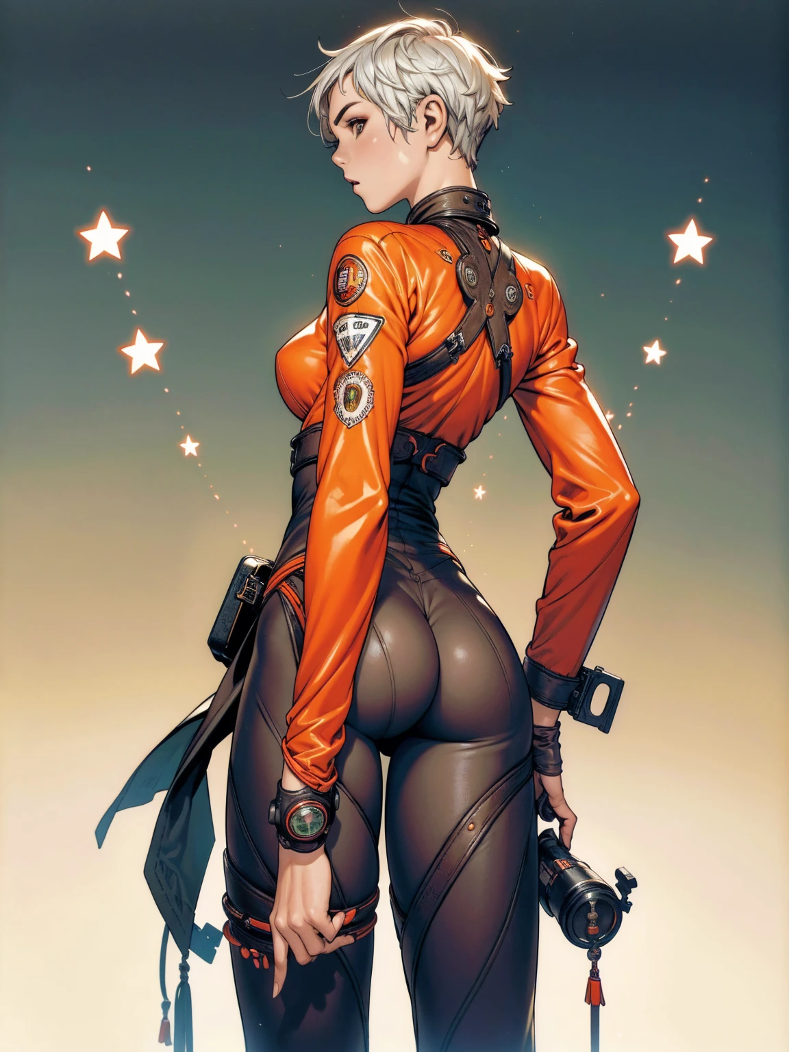 (((Annie Lennox))), ((( back view ))), (((perfect ass))), (((symbols of the Soviet Union))), (((90% RED SUIT))), (((Yellow stars))), (((hair shaved on the sides))), ((high collar)), (((best qualityer: 1.4))), (Unbeatable masterpiece), (hiper HD),(CG 8k hyper-realistic), (((short cut hair style))), (((breasts big))), (((hyper feminine))), sexly girl, Tron,（(super short white hair)), ((( sculptural body ))), (((1 girl))), garota cibernética de 25 anos com perfectbody,,Beautiful and well-groomed face,muscular body:1.2,gradient color detailed jacket, (Head to thigh photos)， Complex equipment, green dark，Long pants, (((standing alone))), pirralha violent, ((())), sexly, pose de atitude, work of art, post-apocalypse, (((manga style))), bounty hunter, violent, Manic, the way you want, slenderbody, thin but strong, perfectbody, roupa moderna, advanced technology, neon, sleeves with vertical striped pattern, neutral background, (( cowboy shot )). intricate visual