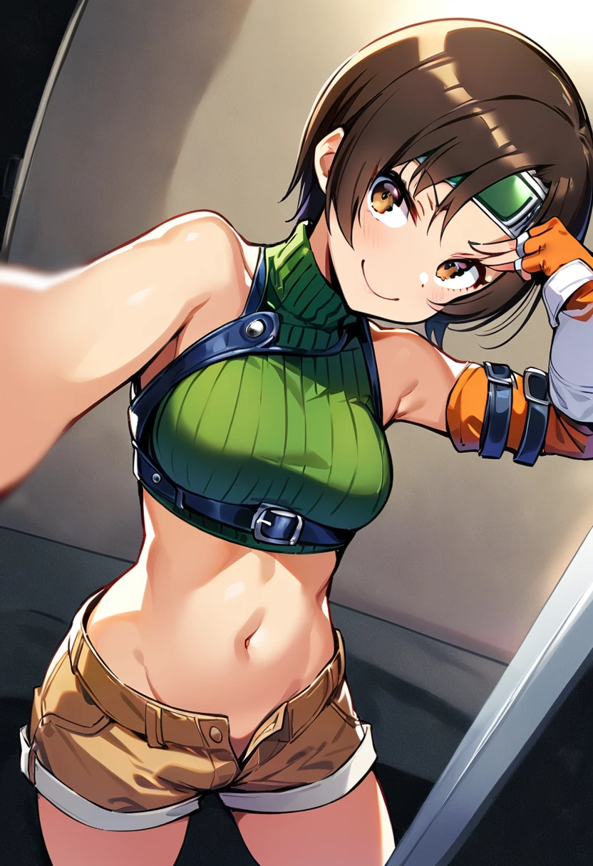 score_9, score_8_up, score_7_up,,BREAK , ,mediumshot,(Standing pose),soro focus,1girl, yuffie kisaragi, final fantasy, short hair,headband,navel,sleeveless,turtleneck,brown eyes,sleeveless turtleneck,solo,breasts,looking at viewer,smile,gloves,crop top,brown hair,shorts,midriff,,sweater,open fly,armor,fingerless gloves,ribbed sweater,medium breasts,,smile,smug,best quality,aesthetic,very aesthetic,masterpiece,high-resolution, v-over eye,selfie, fisheye lens