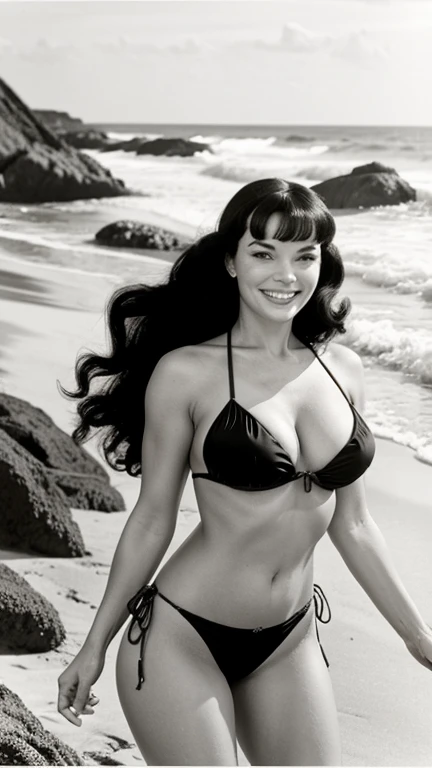 Bettie Page with wavy hair wearing a string bikini on the seashore and smiling