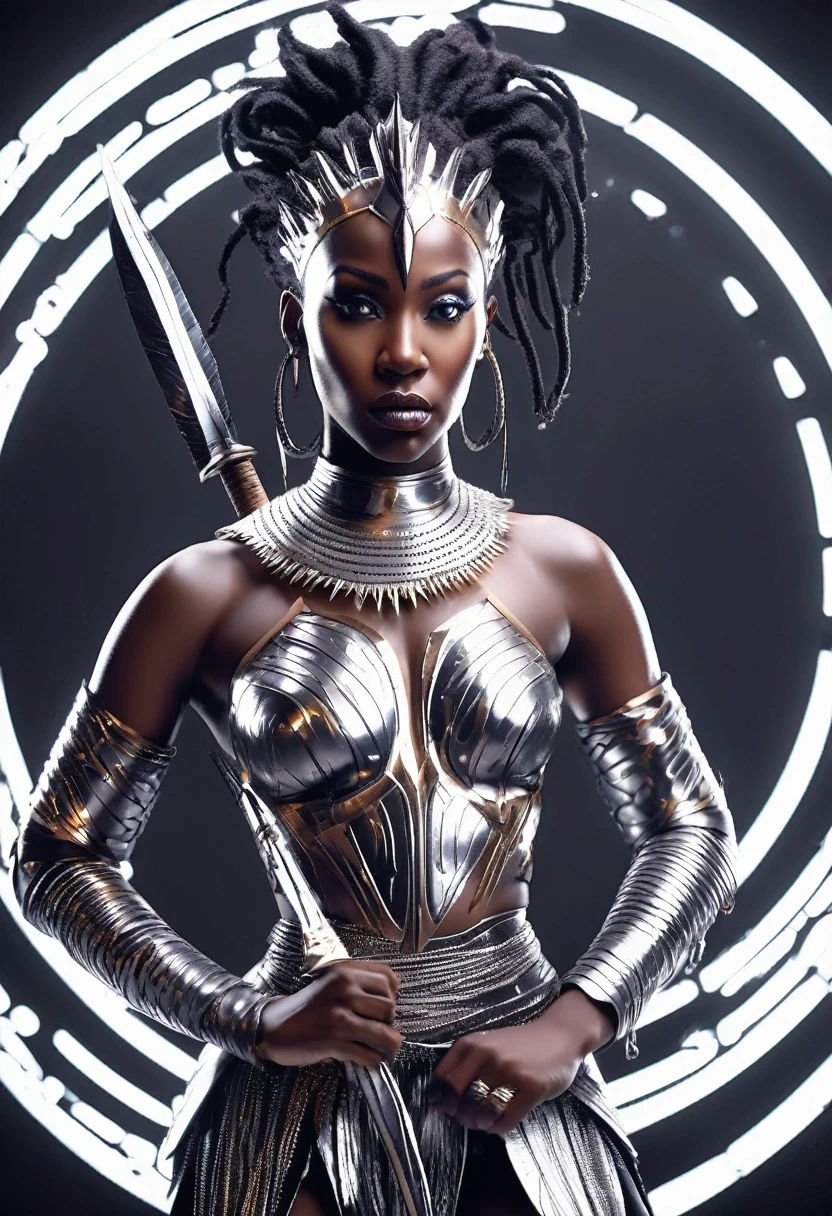 half body shot of black woman dressed in metallic African designed clothes, spears and swords piercing in circular background, black and white cinematic image, 32k, ultra HD,  unreal engine rendered, beautiful and vibrant scene. Cinematic film still, shot on v-raptor XL, film grain, vignette, color graded, post-processed, cinematic lighting, 35mm film, live-action, best quality, atmospheric, a masterpiece, epic, stunning, dramatic
