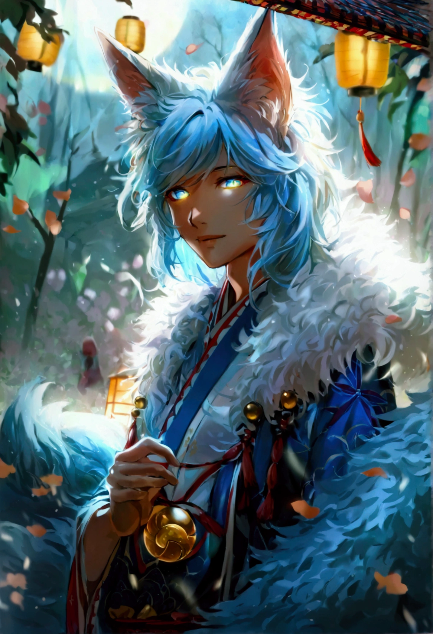 fox Light blue hair beast girl indigo fur fox beast girl fox Light blue hair beast girl indigo fur fox beast girl Wallpaper 4k,8k,highly detailled,,vivid colors,detailed kitsune with 9 tails,traditional Japanese artwork,tatami floor,beautiful cherry blossoms,floating lanterns,dark silhouette of a pagoda,subtle moonlight,dense forest,ethereal atmosphere,dappled sunlight,whimsical spirit,serene expression,elaborate kimono and obi,delicate hand-painted details,luminous eyes Anime Style fox blue White-faced golden-haired nine-tailed fox Coat blue boy fox Light blue hair beast girl indigo fur fox beast girl Anime Style fox blue White-faced golden-haired nine-tailed fox Coat blue boy boy mysterious background Blue Flame girl have a ball of light fox Light blue hair beast girl indigo fur fox beast girl mysterious background Blue Flame girl have a ball of light Anime Style fox blue White-faced golden-haired nine-tailed fox Coat blue boy boy mysterious background Blue Flame girl have a ball of light