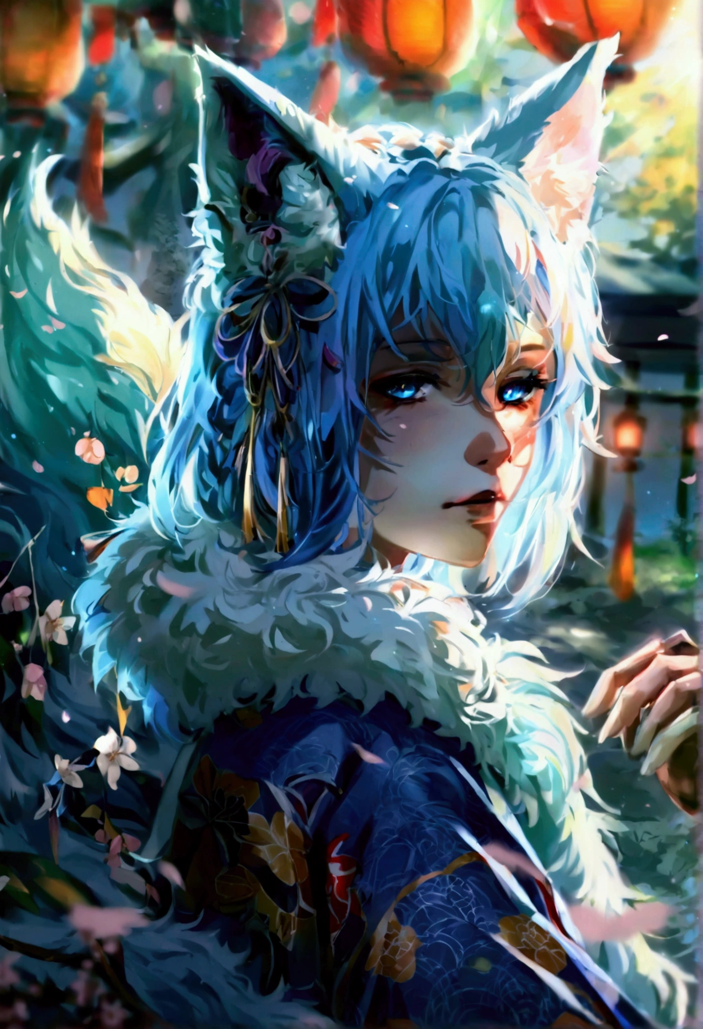 fox Light blue hair beast girl indigo fur fox beast girl fox Light blue hair beast girl indigo fur fox beast girl Wallpaper 4k,8k,highly detailled,,vivid colors,detailed kitsune with 9 tails,traditional Japanese artwork,tatami floor,beautiful cherry blossoms,floating lanterns,dark silhouette of a pagoda,subtle moonlight,dense forest,ethereal atmosphere,dappled sunlight,whimsical spirit,serene expression,elaborate kimono and obi,delicate hand-painted details,luminous eyes Anime Style fox blue White-faced golden-haired nine-tailed fox Coat blue boy fox Light blue hair beast girl indigo fur fox beast girl Anime Style fox blue White-faced golden-haired nine-tailed fox Coat blue boy boy mysterious background Blue Flame girl have a ball of light fox Light blue hair beast girl indigo fur fox beast girl mysterious background Blue Flame girl have a ball of light Anime Style fox blue White-faced golden-haired nine-tailed fox Coat blue boy boy mysterious background Blue Flame girl have a ball of light
