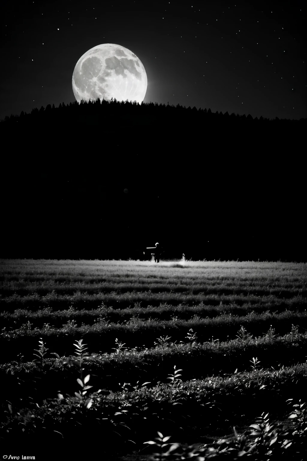 a night image: a dark field under the moonlight. In the middle, a man with an illuminated cigar in his hand, watering his crops with determination in black and white (cheered up)