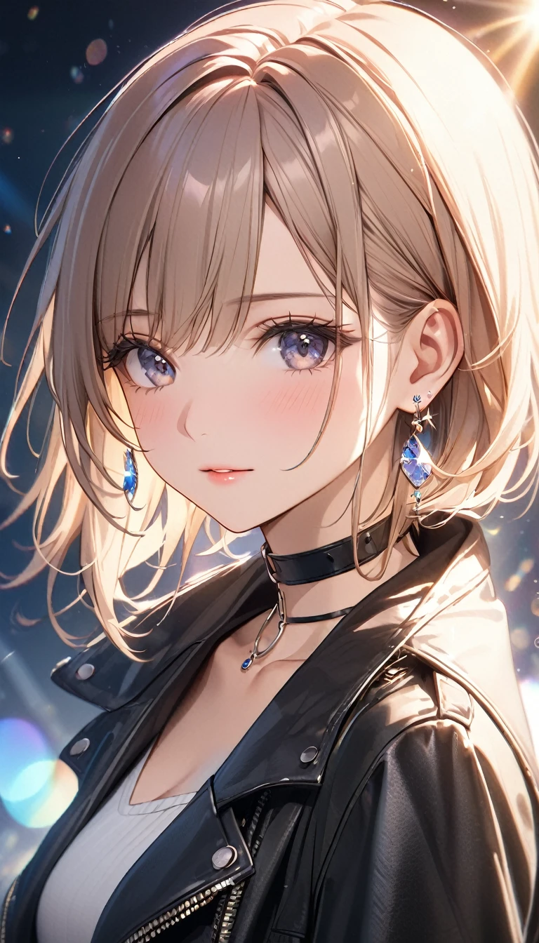 best quality, super_delicate, beautiful, natural face,, 8k, jacket, earrings, leather choker, lens_flare