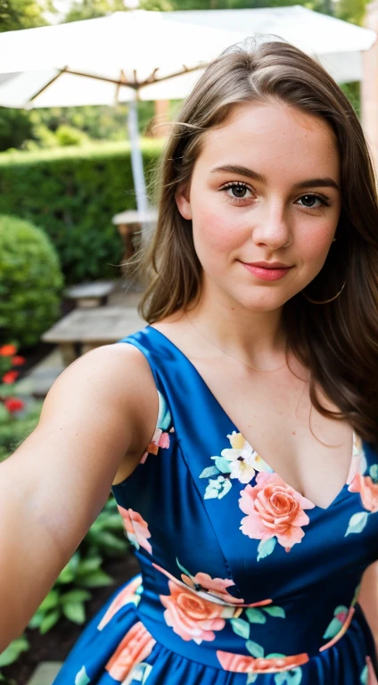Exact same british young girl taking a selfie of herself wearing a beautiful blue floral dress in a garden, perfect and full body, curvy_hips, looking-at-viewer, light honey eyes, standing, mood lighting, Bokeh
