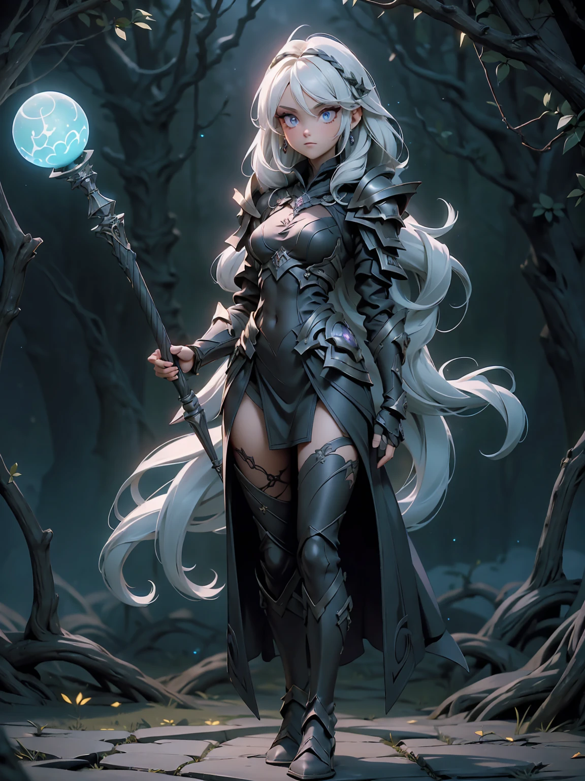 (((masterpiece, best quality, 16k)))((full body shot)) of a girl in detailed black gothic battle armor, standing in a completely dark environment. She has long white hair and glowing red eyes, with black angel wings, tattoos, and piercings. Her battle armor is intricately designed, revealing her bellybutton. She is holding a glowing orb of energy in her hands, which emits a soft, ethereal light. Surrounding her are numerous small lights in shades of {blue|purple}, casting a faint glow similar to candlelight. The only illumination comes from the orb and the particles around her. The atmosphere is {mysterious|otherworldly}, with a misty haze drifting around her feet. The ground beneath her is reflective, creating a mirrored effect that adds to the surreal ambiance. Subtle textures of ancient, worn stones and creeping vines can be seen in the background, hinting at a hidden, gothic castle. The scene is quiet and enigmatic, with her face partially obscured by the hood, her eyes focused intently on the luminous orb. She holds an intricately designed staff made of wood with metallic parts and embedded jewels.

[Best quality], [Masterpiece], [Ultra-detailed], [4k], {serene|intense} atmosphere, gothic castle, {dynamic pose|relaxed pose}, complete darkness, {soft shadows|dramatic lighting}, {reflected light on the ground:0.7}, {misty haze:0.6}, {glowing plants:0.5}, {creeping vines:0.4}, {ancient stones:0.3}.
