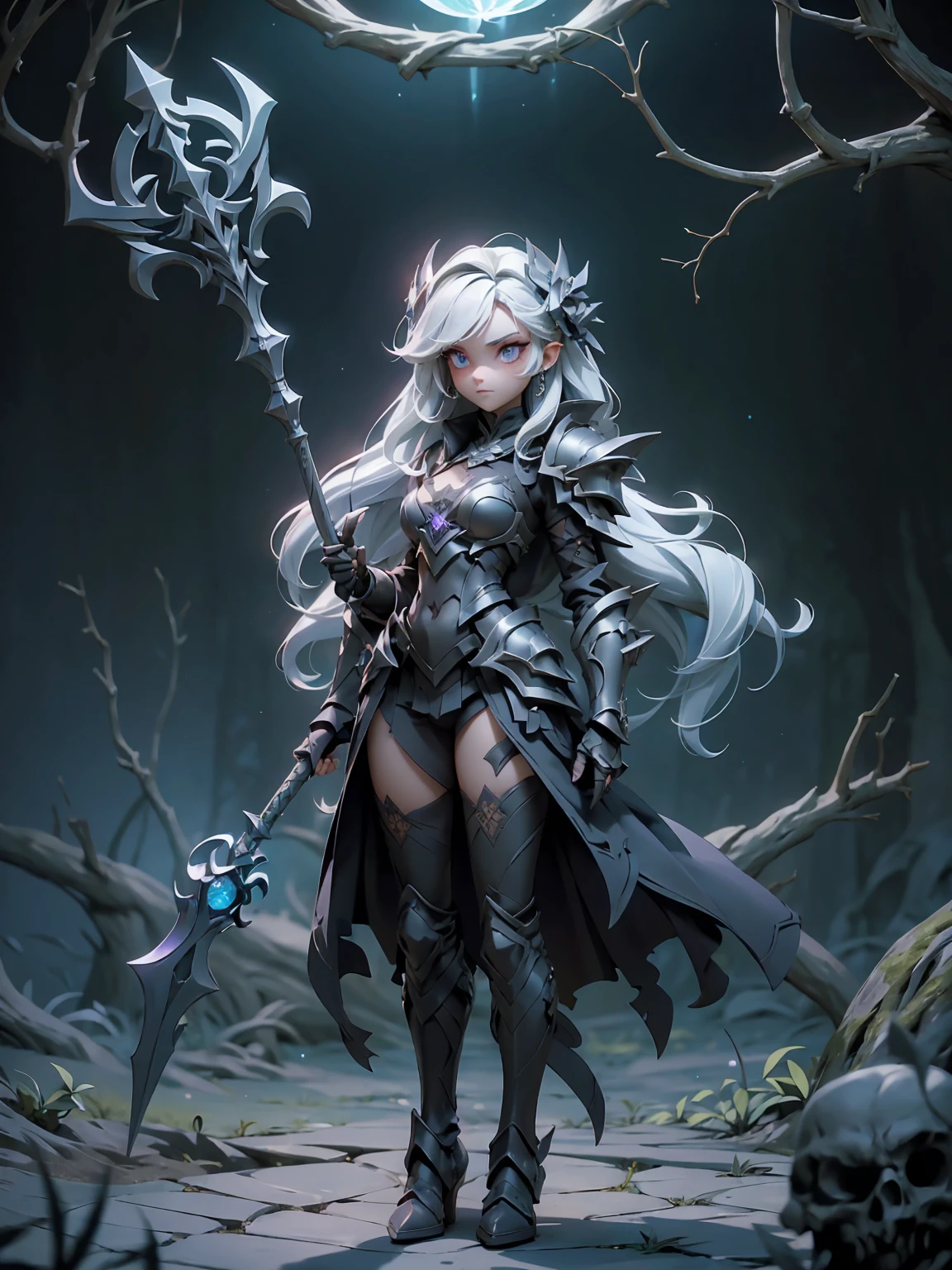 (((masterpiece, best quality, 16k)))((full body shot)) of a girl in detailed black gothic battle armor, standing in a completely dark environment. She has long white hair and glowing red eyes, with black angel wings, tattoos, and piercings. Her battle armor is intricately designed, revealing her bellybutton. She is holding a glowing orb of energy in her hands, which emits a soft, ethereal light. Surrounding her are numerous small lights in shades of {blue|purple}, casting a faint glow similar to candlelight. The only illumination comes from the orb and the particles around her. The atmosphere is {mysterious|otherworldly}, with a misty haze drifting around her feet. The ground beneath her is reflective, creating a mirrored effect that adds to the surreal ambiance. Subtle textures of ancient, worn stones and creeping vines can be seen in the background, hinting at a hidden, gothic castle. The scene is quiet and enigmatic, with her face partially obscured by the hood, her eyes focused intently on the luminous orb. She holds an intricately designed staff made of wood with metallic parts and embedded jewels.

[Best quality], [Masterpiece], [Ultra-detailed], [4k], {serene|intense} atmosphere, gothic castle, {dynamic pose|relaxed pose}, complete darkness, {soft shadows|dramatic lighting}, {reflected light on the ground:0.7}, {misty haze:0.6}, {glowing plants:0.5}, {creeping vines:0.4}, {ancient stones:0.3}.