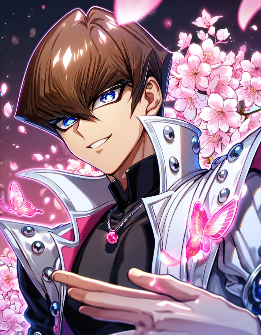 absurdres, highres, ultra detailed, HDR, master piece, best quality, extremely detailed, Kaiba Seto, brown hair, expressive blue eyes, Yu-Gi-Oh, solo, sexy man, handsome, handsome smile, sensual, white coat, black shirt, magical, sparkling, pink glittering fireflies, pink ice, pink ice butterflies, pink ice petals, pink ice cherry blossoms, pink crystal, pink flowers