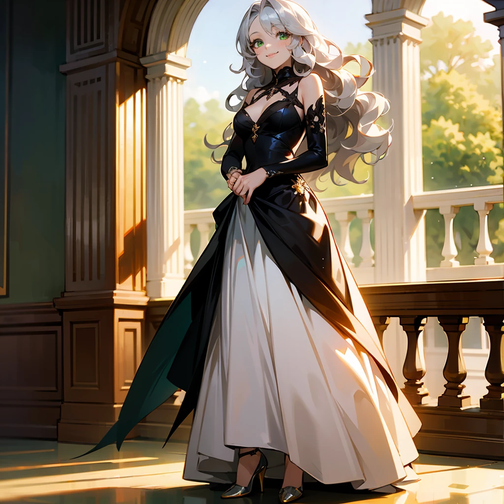 1female, Silver Hair, Black Evening Gown, Wavy Hair, Silver Heels, Elegant Attire, Green Eyes, Smiling, Tall, Fisherman, Adult Female, Ballroom, Standing by the Balcony