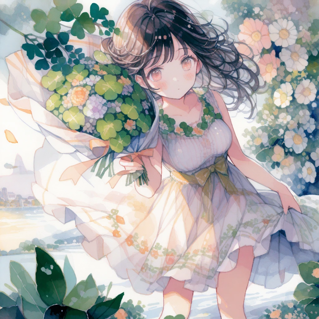 One girl，Brown Hair，Clover wreath、Holding a bouquet、Woman in a dress、garden、tegaki, (Watercolor:1.3), detailed、8k、ultra-detailed、Light leakage