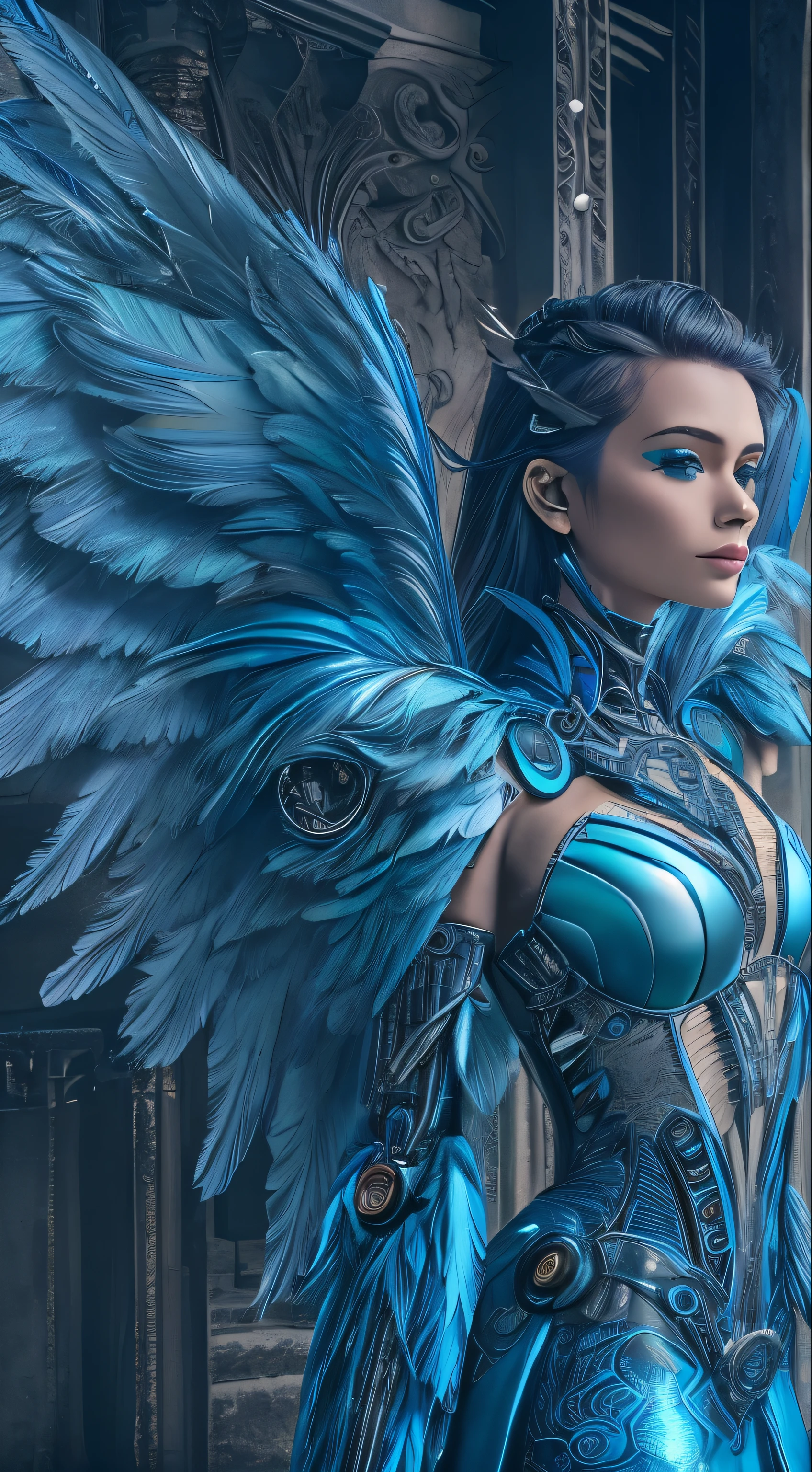 Close-up of a woman in a blue dress with wings, full body angel, futuristic robot angel, amazing angel wings, Angel Knight Gothic Girl, Angel in plastic armor, intricate costumes, As a Mysterious Valkyrie, The whole body is made of blue feathers,, futuristic and fantastic, blue wings, beautiful angel wings, steampunk angel, beautiful cyborg angel girl, Graceful wings