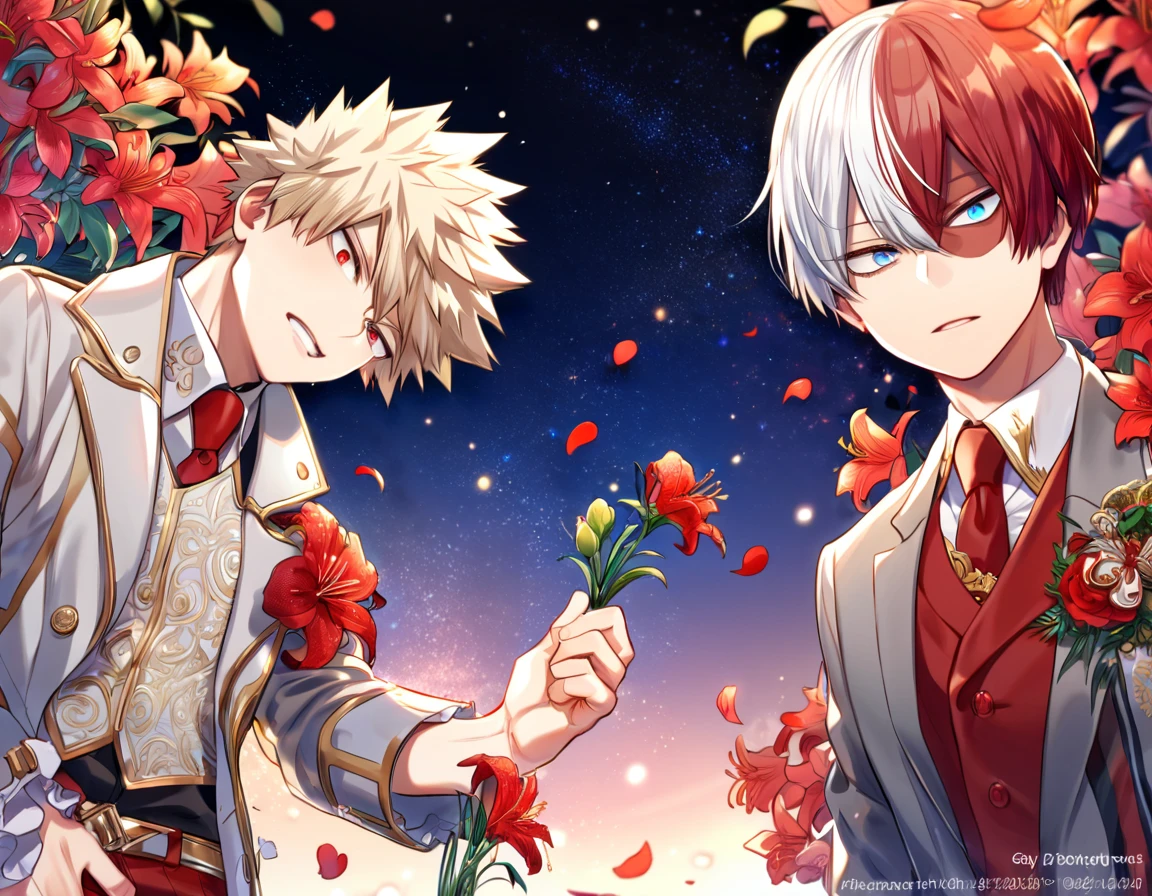 absurdres, highres, ultra detailed, HDR, master piece, Todoroki Shouto, bicolor hair, right side of hair is red, left side of hair is white, expressive blue eyes, Bakugo Katsuki, ash blonde hair, expressive red eyes, gray jacket, red necktie, Boku No Hero Academia, two sexy man together, gay couple, yaoi, handsome, best quality, red lilies flowers, fantasy, red shining fireflies, red petals, sensual, starry sky, shining, red blossoms, love, magical