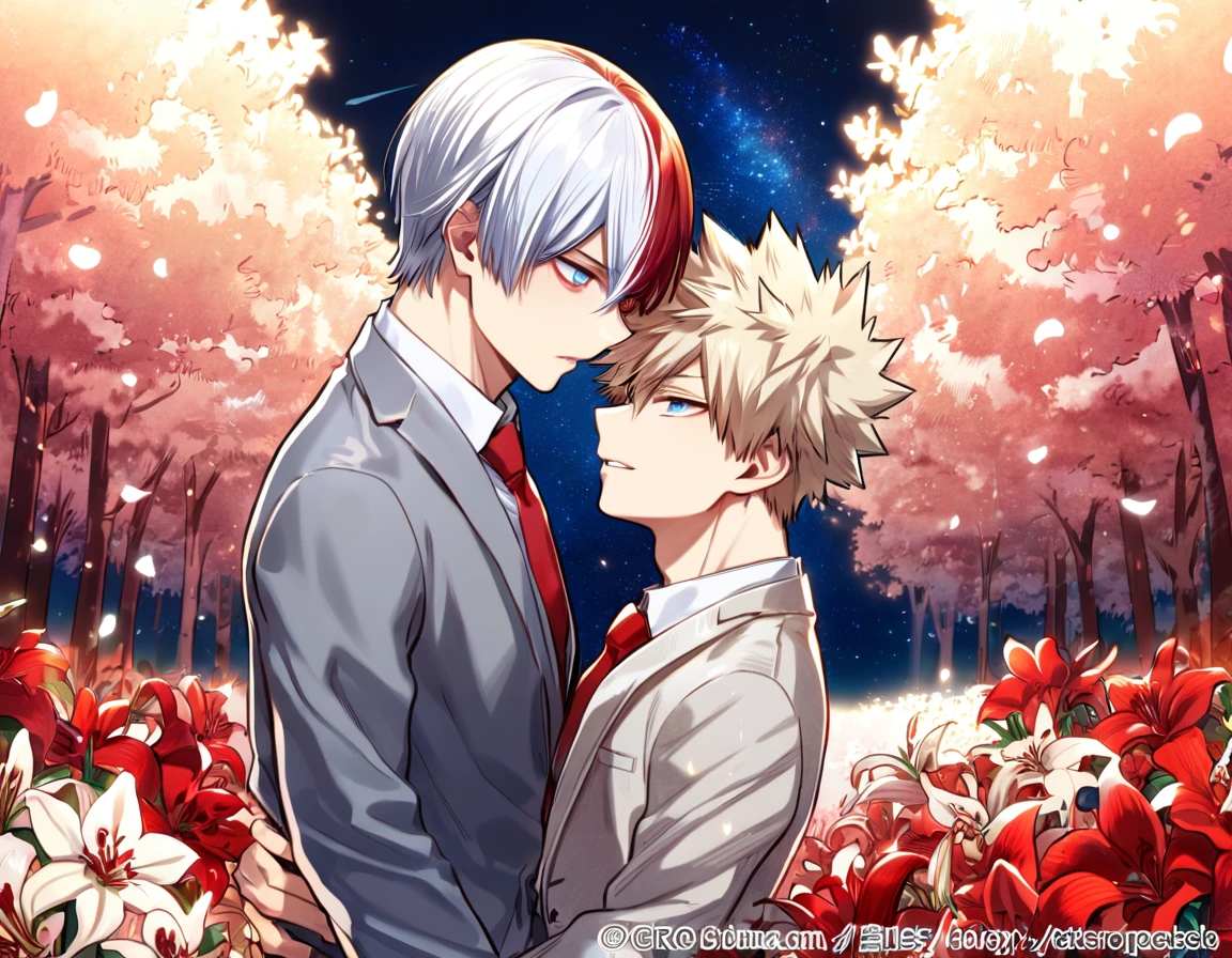 absurdres, highres, ultra detailed, HDR, master piece, Todoroki Shouto, bicolor hair, right side of hair is red, left side of hair is white, expressive blue eyes, Bakugo Katsuki, ash blonde hair, expressive red eyes, gray jacket, red necktie, Boku No Hero Academia, two sexy man together, gay couple, yaoi, handsome, best quality, red lilies flowers, fantasy, red shining fireflies, red petals, sensual, starry sky, shining, red blossoms, love, magical