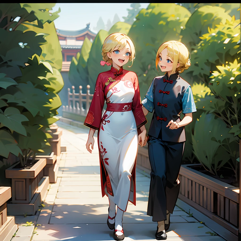 1female, Blonde Hair, Pink Cheongsam, Braided Hair, White Flats, Traditional Chinese Attire, Blue Eyes, Laughing, Slender, High Ranker, Adult Female, Garden, Walking along the Path