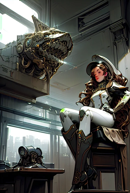 a portrait of photorealistic a {marine XO sitting on a desk} crossing legs{crossing leg:0.7} sitting in provocative stunning pose, a moment with a heavenly transition luminescent movement submarine_inside background, sitting on the desk, long brunette hair, futuristic army helmet, lean on wall, wavy hair, mech boot, mech gloves, side view, view from below,UHD, intricate detailed, 8k, best quality ever, masterpiece, super detailed, unleashed creativity, beyond imagination, dramatic ligh