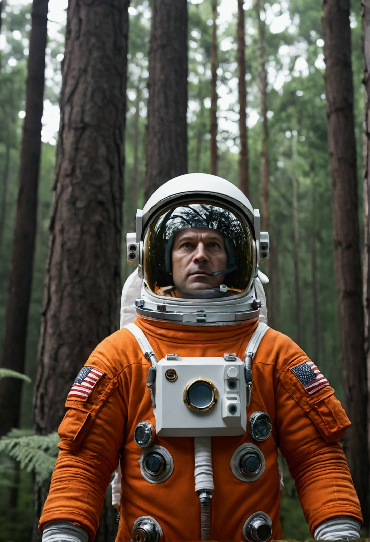 best quality, imposing, epic scene, astronaut in orange suit looking frontally close up showing face with serious expression, with a forest behind