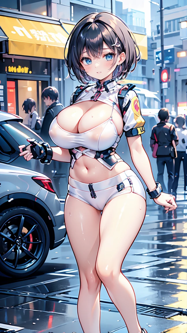 Highest quality}, {so beautiful}, {Very detailed}, {Best illustrations}, Browsing Caution, Realistic, masterpiece, Highest quality, (Beautiful Eyes), Mature short hair woman, large breasts, skinny, Sweat, night, Outdoor, city, random color style mecha:1.3, Grin, blush, wet Face, Wet body, earrings, Puff short sleeves, Central opening, Put arms behind her body:1.5, camel Toe, great tit, Nipple puffs, Cleavage, Plump, overtake, overtakeデカ尻、full body、