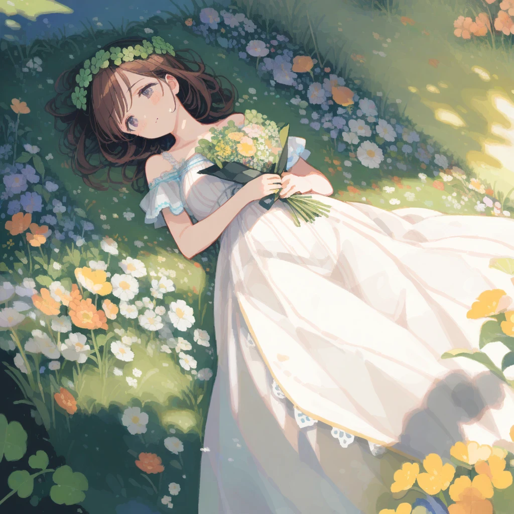 One girl，Brown Hair，Clover wreath、Holding a bouquet、Lying on your back、Woman in a dress、garden、tegaki, (oil:1.3), detailed、8k、ultra-detailed、Shadows in the movie