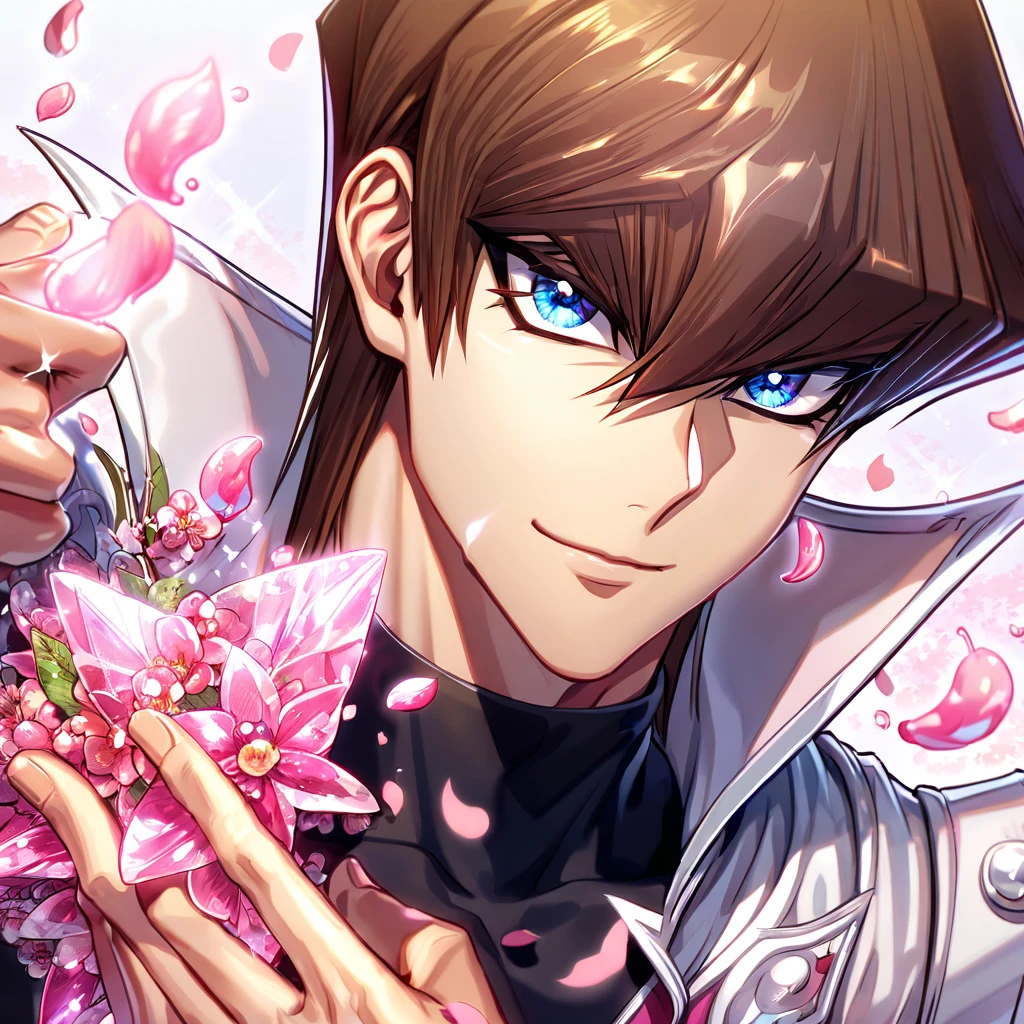 absurdres, highres, ultra detailed, HDR, master piece, best quality, extremely detailed, Kaiba Seto, brown hair, expressive blue eyes, Yu-Gi-Oh, solo, sexy man, handsome, handsome smile, sensual, white coat, black shirt, magical, sparkling, pink glittering fireflies, pink ice, pink ice butterflies, pink ice petals, pink ice cherry blossoms, pink crystal, pink flowers