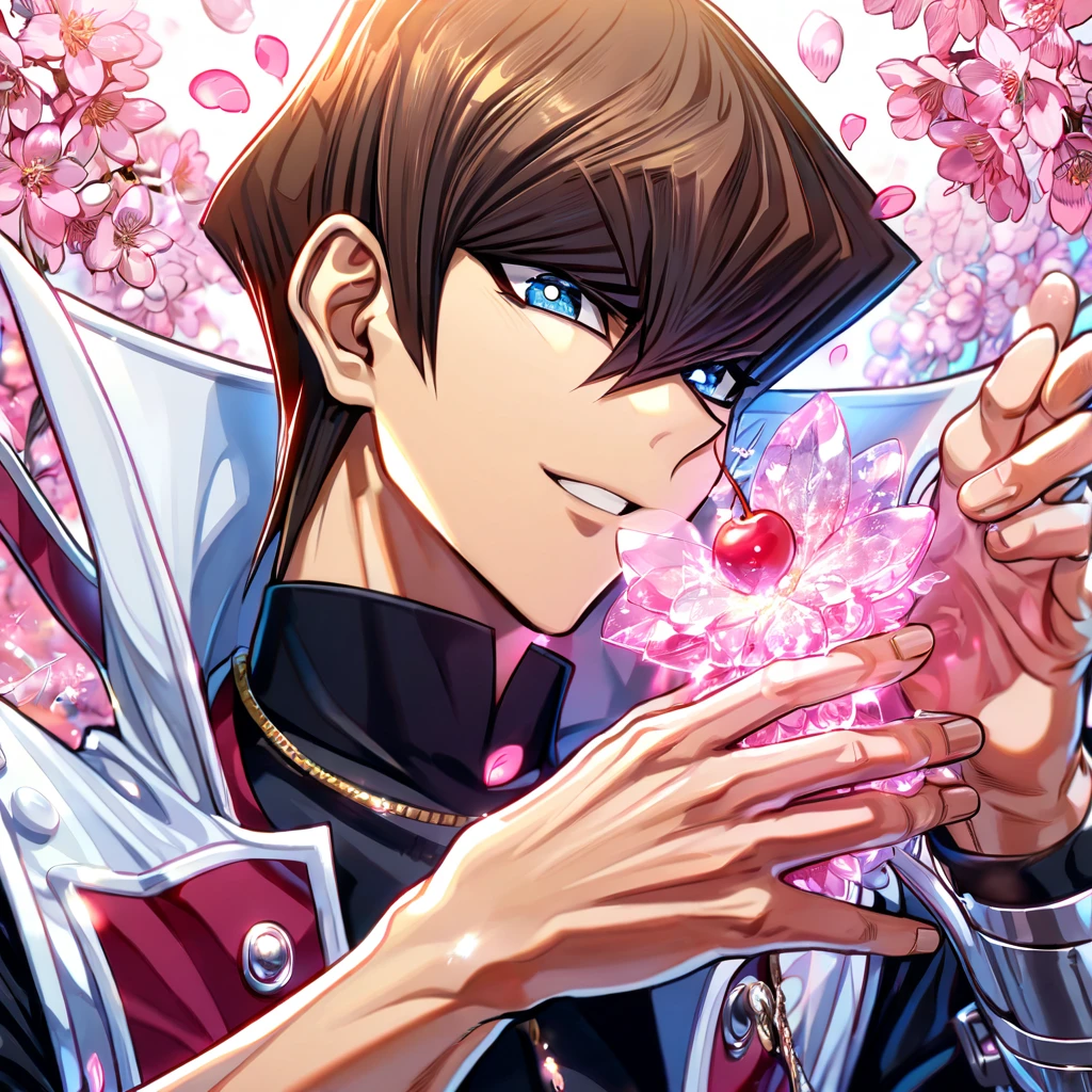 absurdres, highres, ultra detailed, HDR, master piece, best quality, extremely detailed, Kaiba Seto, brown hair, expressive blue eyes, Yu-Gi-Oh, solo, sexy man, handsome, handsome smile, sensual, white coat, black shirt, magical, sparkling, pink glittering fireflies, pink ice, pink ice butterflies, pink ice petals, pink ice cherry blossoms, pink crystal, pink flowers
