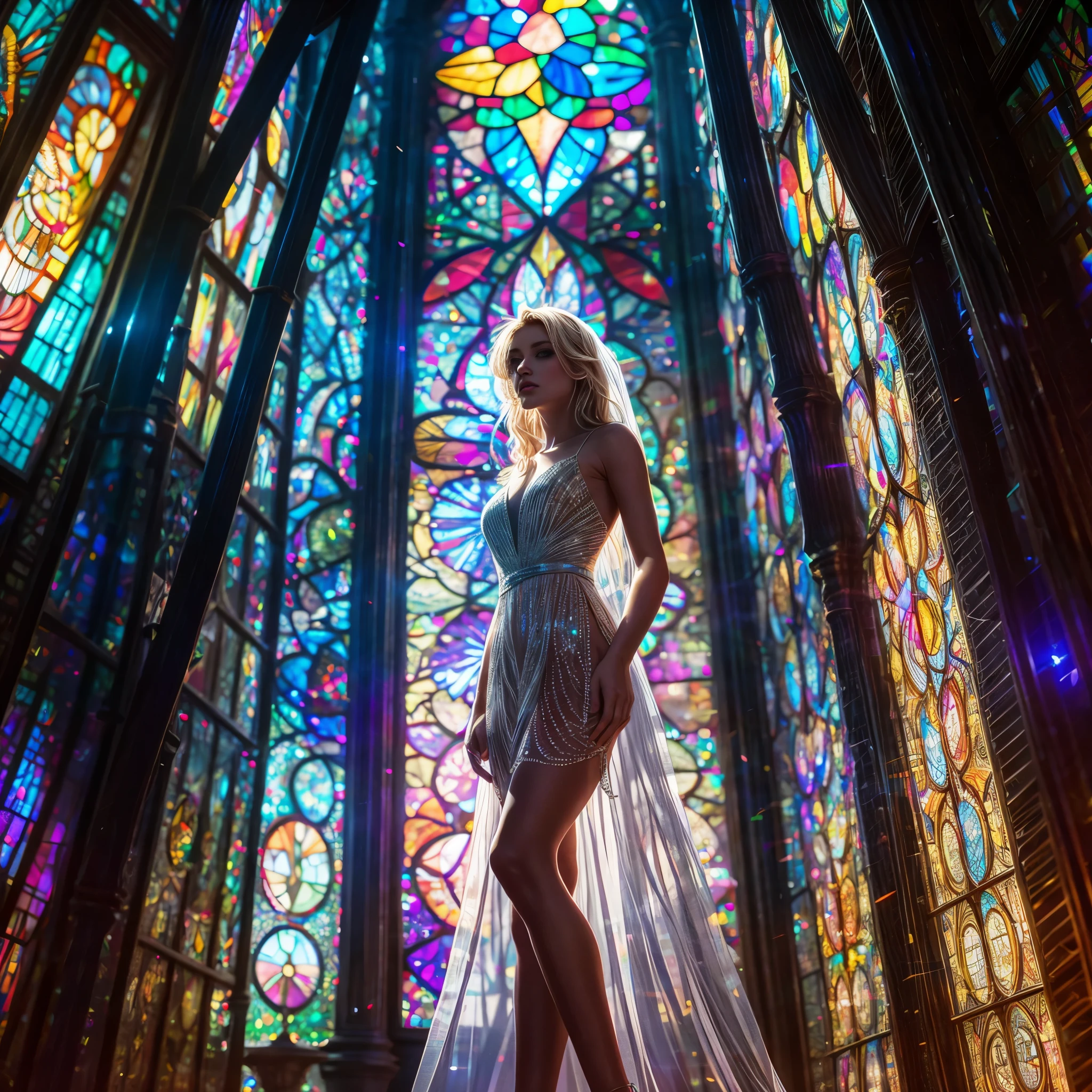 (Cathedral from below:1.28) (ZoomLayer) TopQuality 8K masterpiece of ((Professional photo)), (((Clarisse de Cagliostro))) (Detailed White WeddingDresses), Chain, (((Extremely detailed KAWAII face))) {((VeiledFace))|BlondeHair|(Elaborate BuleEyes)with(SparklingHighlights:1.28)}, The background is distant (((Elaborate stained glass))) Rainbow Glass, {(MysticSight)|EnchantingAtmosphere|Haze|(GodRays)|TyndallEffect}, Radiant PearlSkin with Transparency, (Exposed:0.39)