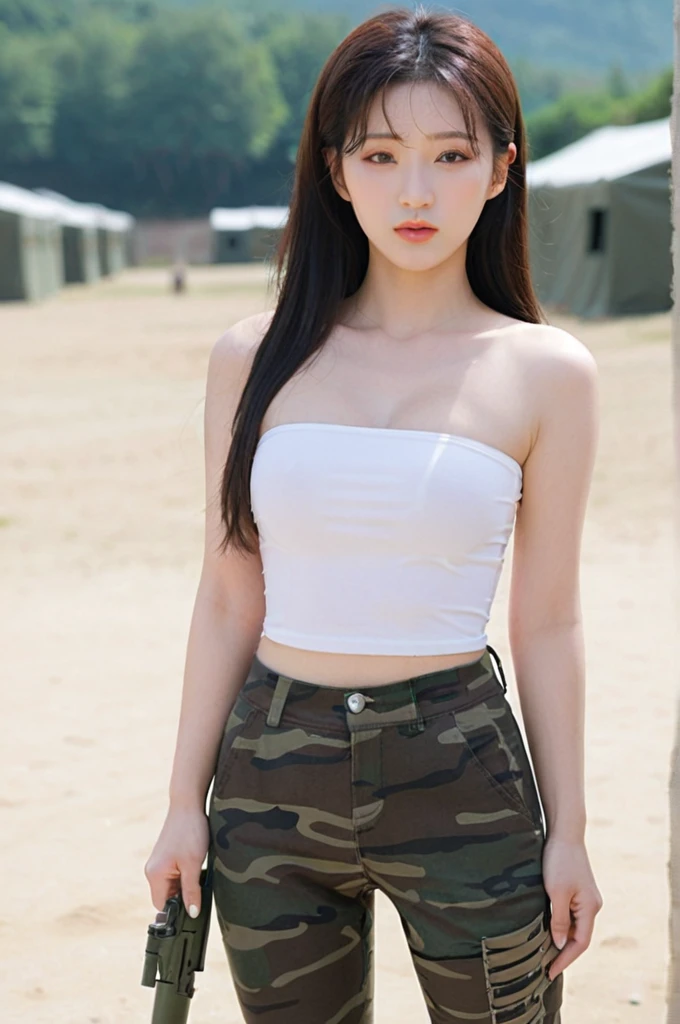 close-up of beautiful South Korean, An Yujin is a IVE South Korean pop girl group, age 17 years old girl, youthful face, perfect body, white body skin, very classic long hair, standard black hair, her hair is very straight and smooth, 36 inches breasts size, wearing a plain standard bright white strapless tube top, wearing a tight camouflage leggings, Yujin’s clothes were cut off by male soldiers using scissors from the t-shirt to the tube top to make Yujin sigh and tease, strand by strand Yujin’s clothes fell because they had been cut, the rest of Yujin’s clothes were scattered at the bottom because they had been cut, Yujin’s clothes showed off her breasts because they were cut off by male soldiers so that they looked more sexy and seductive, sexy looking pose, pose a naughty look, pose looks seductive, at the military training camp, military training camp background, UHD