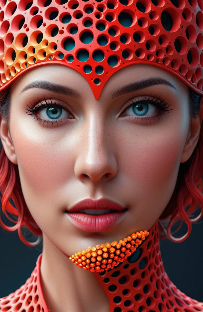concept art a woman's face is made of colorful circles, red mesh in the facede, digital sculpture, trypophobia, realism | beeple, detailed digital 3d art, trypophobia acne face, synthetic bio skin, inspired by Mike Winkelmann, detailed face of a woman, detailed face), cinema 4d :9 detailed face: 8 . digital artwork, illustrative, painterly, matte painting, highly detailed
