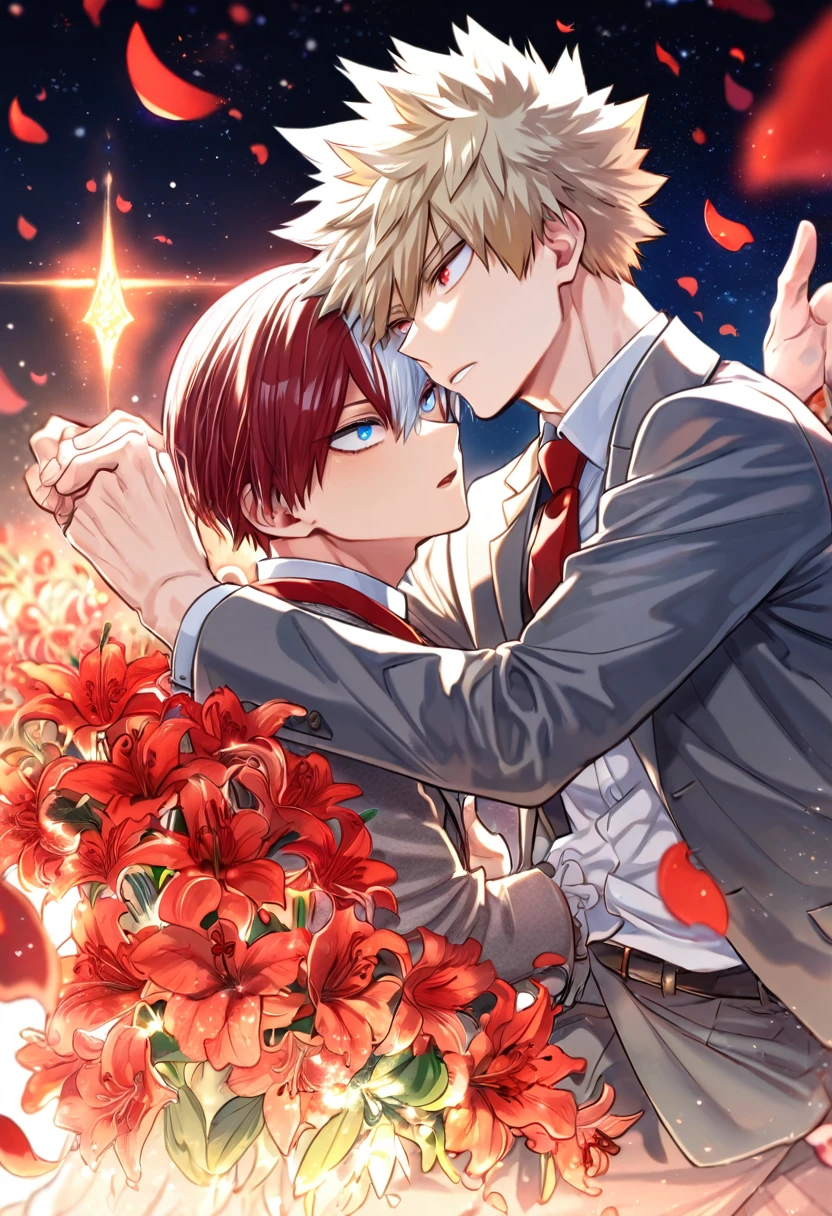 absurdres, highres, ultra detailed, HDR, master piece, Todoroki Shouto, bicolor hair, right side of hair is red, left side of hair is white, expressive blue eyes, Bakugo Katsuki, ash blonde hair, expressive red eyes, gray jacket, red necktie, Boku No Hero Academia, two sexy man together, gay couple, yaoi, handsome, best quality, red lilies flowers, fantasy, red shining fireflies, red petals, sensual, starry sky, shining, red blossoms, love, magical