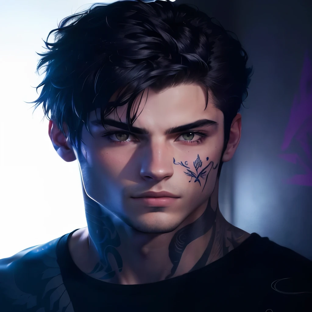 Image of a man with a tattoo on his chest, portrait of alec inspired ager,really beautiful face!!, harsh good looking face, , profile image, promo image,