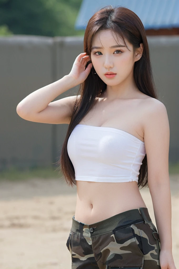 close-up of beautiful South Korean, An Yujin is a IVE South Korean pop girl group, age s old girl, youthful face, perfect body, white body skin, very classic long hair, standard black hair, her hair is very straight and smooth, 36 inches breasts size, wearing a plain standard bright white strapless tube top, wearing a tight camouflage leggings, Yujin’s clothes were cut off by male soldiers using scissors from the t-shirt to the tube top to make Yujin sigh and tease, strand by strand Yujin’s clothes fell because they had been cut, the rest of Yujin’s clothes were scattered at the bottom because they had been cut, Yujin’s clothes showed off her breasts because they were cut off by male soldiers so that they looked more sexy and seductive, sexy looking pose, pose a naughty look, pose looks seductive, at the military training camp, military training camp background, UHD