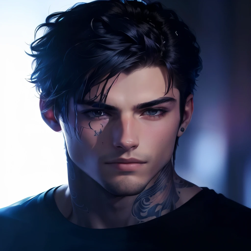 Image of a man with a tattoo on his chest, portrait of alec inspired ager,really beautiful face!!, harsh good looking face, , profile image, promo image,