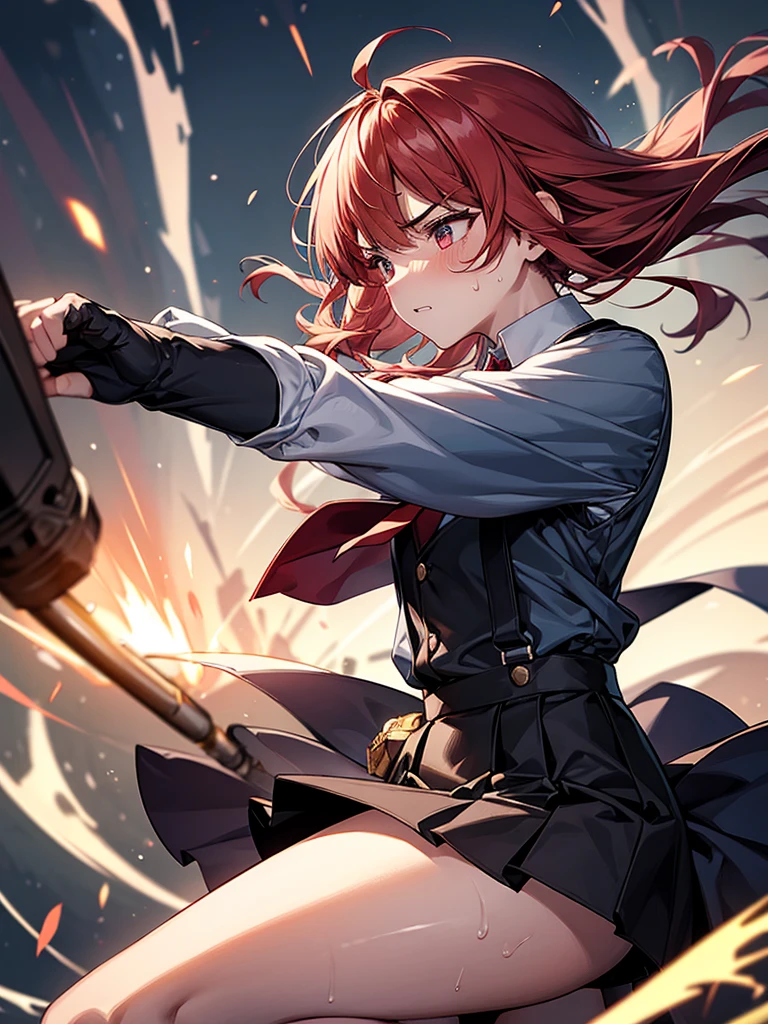Dynamic composition,{{masterpiece}}, {{{Highest quality}}},{{Very detailed}},from side,Cowboy Shot,{{{Mature woman punching with flaming fist}}},{{疲労でSweatをかいている成人女性}},Sweat,action,{{Blushing}},{{V-shaped eyebrows}},{{White Long sleeve mini skirt uniform}},{{suspenders}},{{{Fight}},{Forward tilt},Raise your hand,Shoot flames from your hands ,{{Jump}},{{Eyelet foot}},,{{magic}},{{}},,Slender body}}{{Female police officer}},,,,suspenders ,Long sleeve mini skirt uniform, White High Socks,Black fingerless gloves, Long Red Hair, Red tie,Straight hair ,Blunt bangs,.amountn loafer,,blush,Wrinkles ,amount,,suffering,v-shaped eyebrows.,Sweat dripping,Medium chest ,get annoyed,