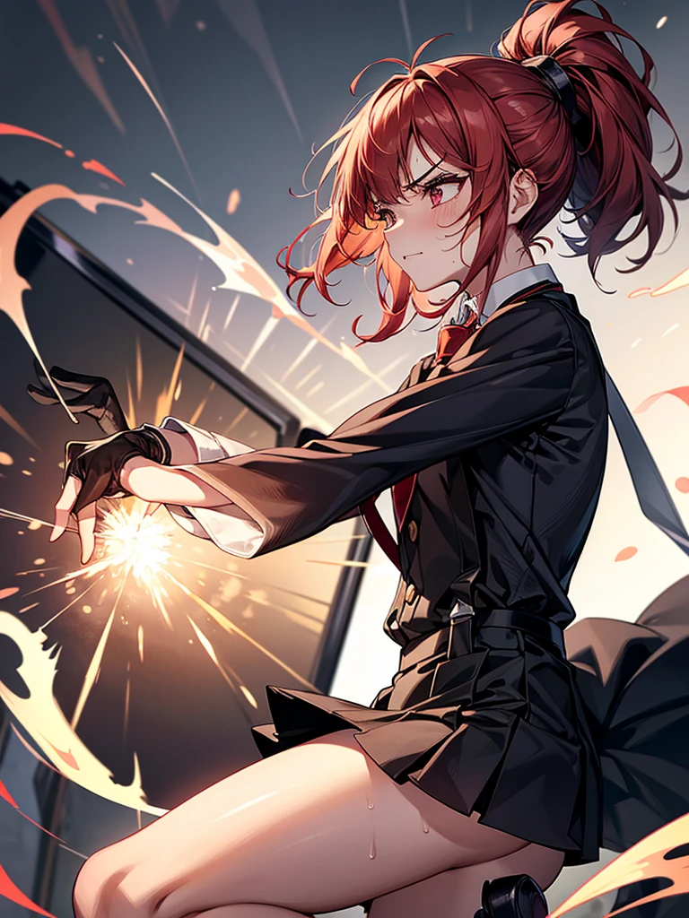 Dynamic composition,{{masterpiece}}, {{{Highest quality}}},{{Very detailed}},from side,Cowboy Shot,｛{{Mature woman punching with flaming fist}}｝,{{疲労でSweatをかいている成人女性}},Sweat,action,{{Blushing}},{{V-shaped eyebrows}},{{White Long sleeve mini skirt uniform}},{{suspenders}},{{{Fight}},{Forward tilt},Raise your hand,Shoot flames from your hands ,{{Jump}},{{Eyelet foot}},,{{magic}},{{}},,Slender body}}{{Female police officer}},,,,suspenders　,Long sleeve mini skirt uniform, White High Socks,Black fingerless gloves, Long Red Hair, Red tie,Straight hair ,Blunt bangs,.amountn loafer,,blush,Wrinkles ,amount,,suffering,v-shaped eyebrows.,Sweat dripping,Medium chest ,get annoyed,