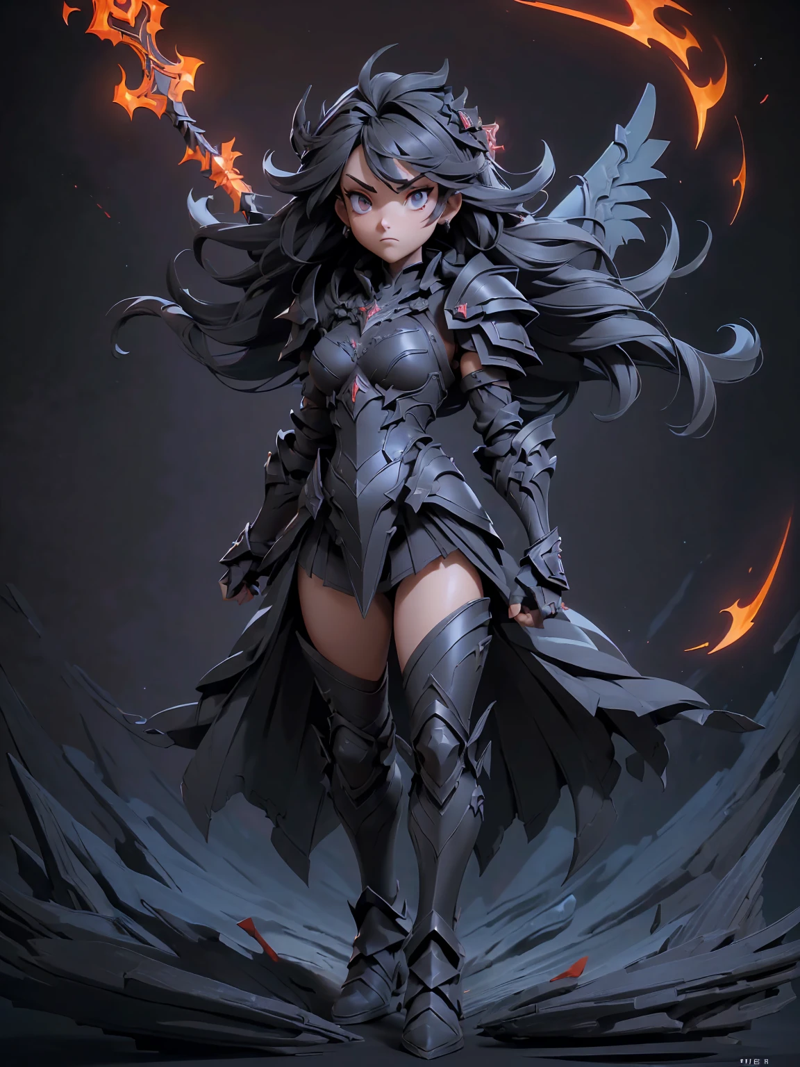 (((masterpiece, best quality, high detailed, 16k))) (1girl) A fierce girl donning armor reminiscent of Black WarGreymon, her eyes burning with determination and strength. Her hair is a stark black with streaks of silver, flowing around her fierce expression. She wears a dark, metallic armor, adorned with menacing spikes and intricate patterns of red and black, echoing the design of a powerful Digimon warrior. The armor is both robust and sleek, offering maximum protection while enhancing her intimidating presence. She wields a massive, clawed gauntlet, and her stance exudes readiness for battle. Around her, a dark aura pulses with raw energy, hinting at her immense power and relentless spirit. ((full body view:1.4))