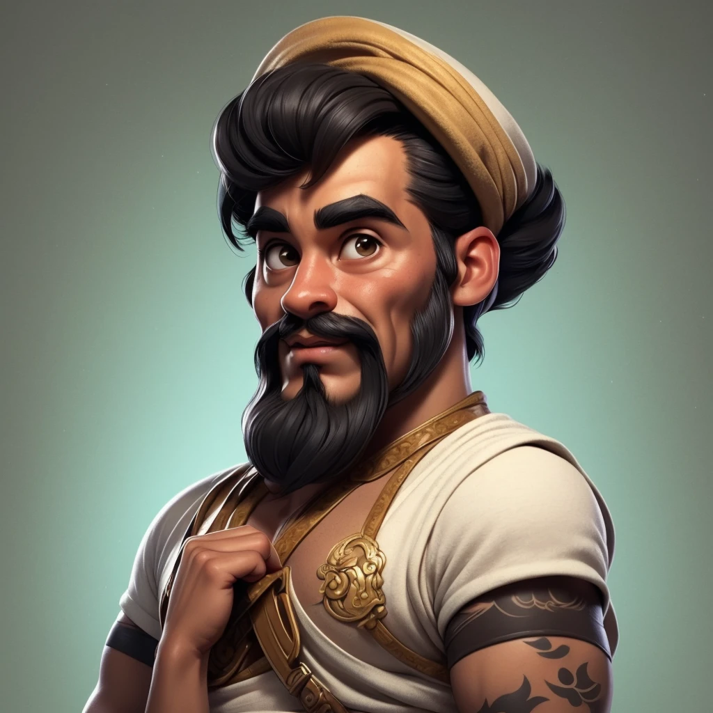 Draw a brown man, robust and low, with soft features and oriental and Amerindian features, bushy eyebrows, face with spots, arms tattooed with Japanese oriental art on one arm and realism on the right, short and low hair, square Van Dyke musketeer style goatee and thick mustache, smooth jaw, wearing an XXL oversized black band shirt with the inscription 'Brutal Kill' in blackmetal goth style fonts over a white print of a goat with three red eyes. He wears long black Nike basketball-style XXL sports shorts, pantyhose preta cobrindo as pernas, and dark brown boots with yellow lines from CATERPILLAR. reference: top trendings para realismo, digital art and comics. Blue shadows with yellow and turquoise lights and backlights in a suburban setting at night