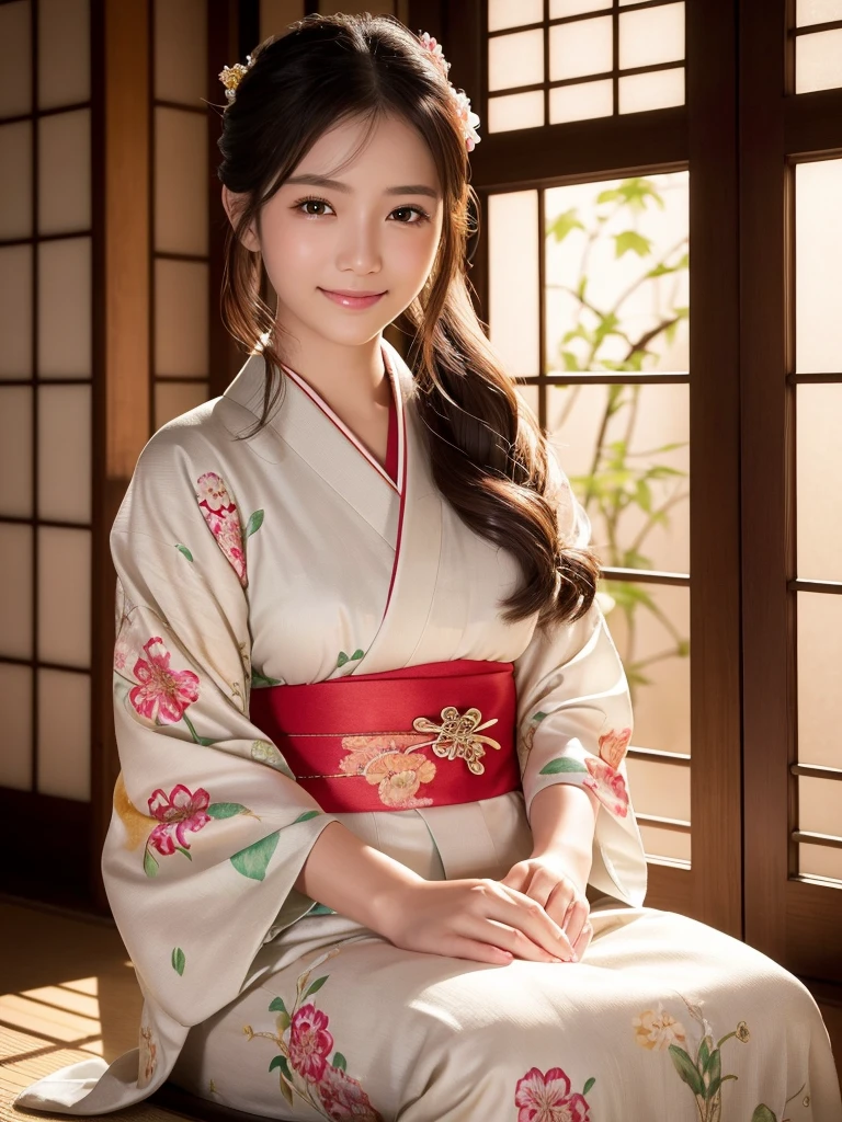 (Photorealsitic:1.4), (Top image quality:1.0), (超A high resolution:1.0), 8K, Raw photography, (​masterpiece:0.2), (pureerosface_v1:0.5)、(Best Quality Detail:1.2)、realisitic、8K UHD、hight resolution、(1girl in:1.2)、The ultra-detailliert、High quality textures、intricate detailes、detaileds、Very detailed CG、High quality shadows、Detail Beautiful delicate face、Detail Beautiful delicate eyes、depth of fields、Ray traching,1girl in, japanaese girl, Cute, slender, Kimono with Japanese pattern,Floral scrunchie, Beautiful skin, Facing the front,Sit down, Sit upright and say thank you,Align your hands elegantly,Smile faintly The Land of Japan,Japanese garden,Luxury Japanese-style room, skyporn, Magic Hour, (Realistic:1.3), Finely detailed, quality, (masutepiece:1.2), (Photorealistic:1.2), (Best Quality), (Intricate details), Dramatic, Ray tracing, photograph, +Lola