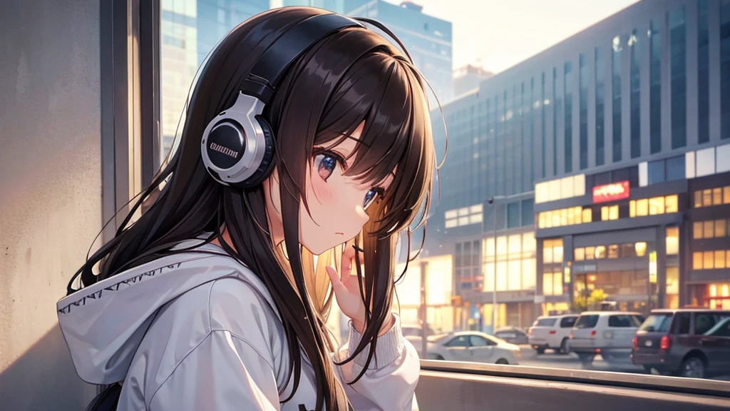 A young girl with long hair that's a mix of black and brown, wearing a hoodie
She's wearing headphones labeled "Lo-Fi"
The girl is shown in profile, gazing out of a window with a calm, contemplative expression
The background depicts the scenery of Namba, Osaka
Detailed rendering of individual hair strands, eye reflections, and fabric creases
A calm atmosphere suitable for Lo-Fi music
Pay special attention to lighting and shadows