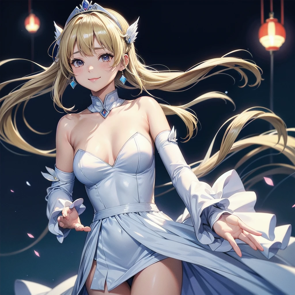 Hikari \(Xenoblade\), One girl, armor, bangs, Exposing shoulders, Blonde, chest, chestの谷間, Mouth closed, dress, Earrings, elbow gloves, eyelash, Floating Hair, gem, gloves, hair ornaments, hair band, Headpiece, jewelry, large chest, Lean back, Long Hair, Neon Trim, Official Art, Pause, saitou masatsugu, Side Lock, Fits perfectly to the skin, smile, alone, Are standing, swept bangs, tiara,very Long Hair, white dress,grassland