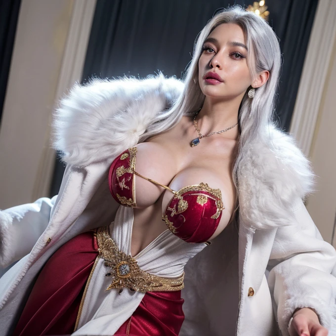 Woman,1 Woman,((milf,mom,mellow,mellow Woman,age 45, Woman,grown-up)),(breasts big:1.5),saggy breasts,(((White hair:1.4,slickedback hair,long hair:1.4,colored inner hair))),((yellow_eyeballs:1.3)),intrikate eyeballs,beautiful detailed eyeballs,symmetrical eyeballs,((((darkskin:1.4,shining skin:1.5,shining skin: 1.5,skin tanned,shining skin,very shining skin,shinny body,brightened skin)))),(spider lower abdomen,narrow waisted,wide hip,baby bodysuit,inflated legs,thick-thighs,delicate and detailed fingers),(((face detailed))),
cute,slutty,sensuous,seducer look,seducer,((erotic)),opulent,sumptuous,eagerly,((NSFW)),
Queen,goddess,fancy,(beautiful winter silver clothes,know that),((strapless redgown,very long red skirt,redgown)),(silver clothes),(((ice jewelry,intrikate necklace,christmas jewelry,detailed outfit))),neckleace,know that,((eyeballshadow,elegant makeup,eyelid makeup,GOLDEN LIPS,GOLDEN LIPStick)),((transparent loin cloth:1.1)), (((Sexy white fur coat, white fur coat outfit, wearing a white fur coat:1.3,white winter coat))),red gloves,(((intrikate outfit,intrikate clothes,embroidered clothing,ornate outfit,Embroidered clothes,ornate clothes))),
(dynamic pose:1.0),embarrased,(centred,scale to fit dimensions,rule of thirds),
por dentro,hinterland,((cozy gothic bedroom)),Scenario:1.25,((intrikate Scenario)),((winter decorations)),Christmas tree,
(Bright Winter Ornaments),high resolution,sharp focus,(ultra detaild,extremely detaild),(photorealistic art:1.37),(extremely detaild CG unity 8k wallpaper),(((swirly vibrant colors,vibrant theme))),(intrikate),(work of art),(best qualityer),