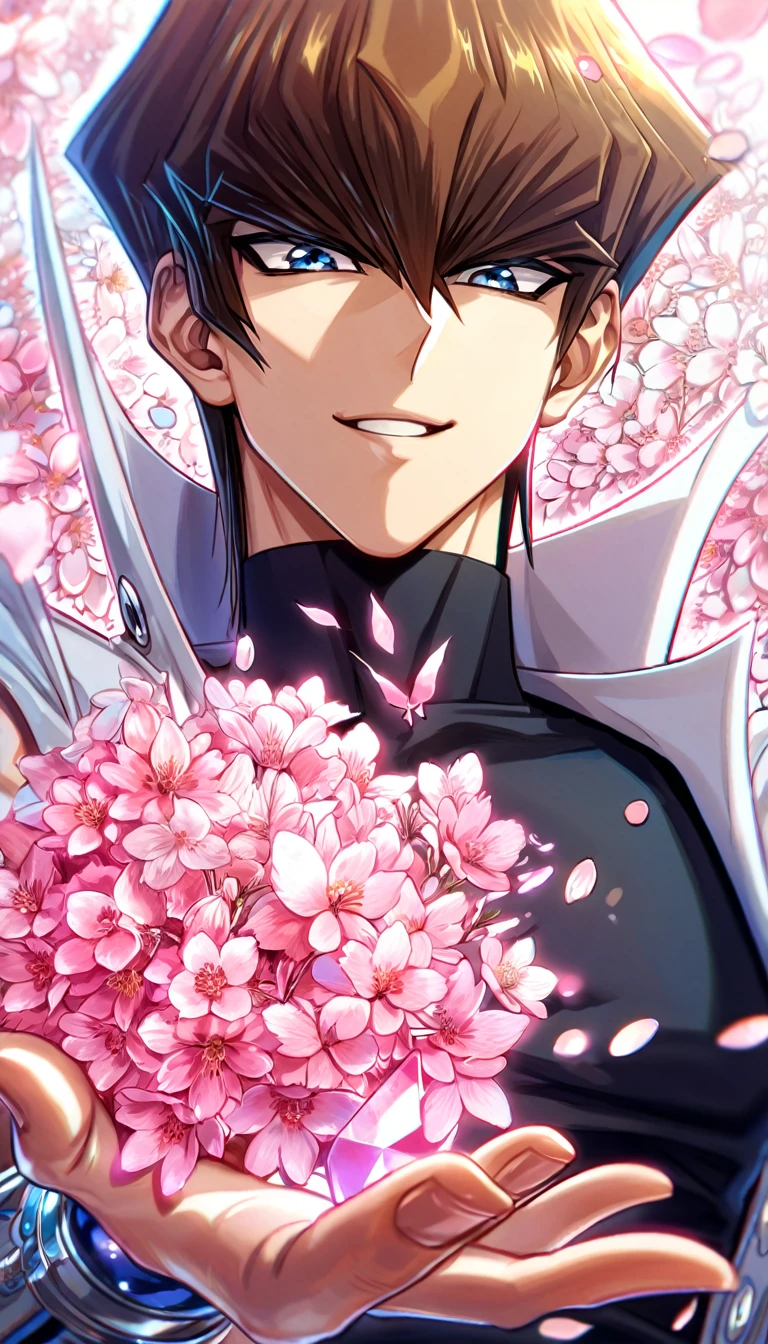 absurdres, highres, ultra detailed, HDR, master piece, best quality, extremely detailed, Kaiba Seto, brown hair, expressive blue eyes, Yu-Gi-Oh, solo, sexy man, handsome, handsome smile, sensual, white coat, black shirt, magical, sparkling, pink glittering fireflies, pink ice, pink ice butterflies, pink ice petals, pink ice cherry blossoms, pink crystal, pink flowers