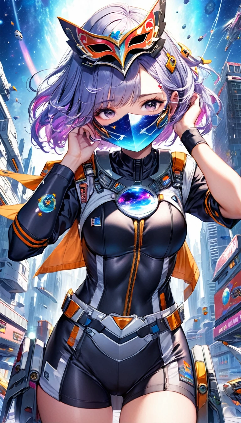 beautiful space squadron girl, hiding her beautiful face with a cool and flashy metal-plated Venetian mask, covered in tattoos, great proportion, tight fitting combat uniform, background destroyed space city, galaxy, iridescent cosmic rays, 2.5D, delicate and dynamic, art, Cute Girl