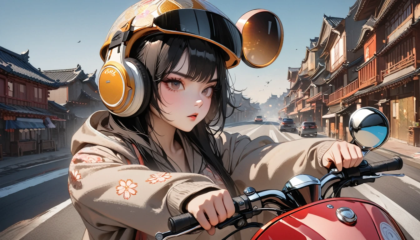 (((8k, masterpiece, High resolution, Highest quality, Highest quality real texture skin))), ((Wearing Japanese-style headphones)), (((1 girl))), (((Driving a Vespa))), ((sunglasses)), (Japanese pattern hoodie, Super Mini Shorts), (Black shiny hair, Beige skin), ((Japanese-style helmet)), (Surreal, Digital Painting)(masterpiece:1.2), Highest quality,Pixiv,Rebellious girl,Portraiture, Fashionable women