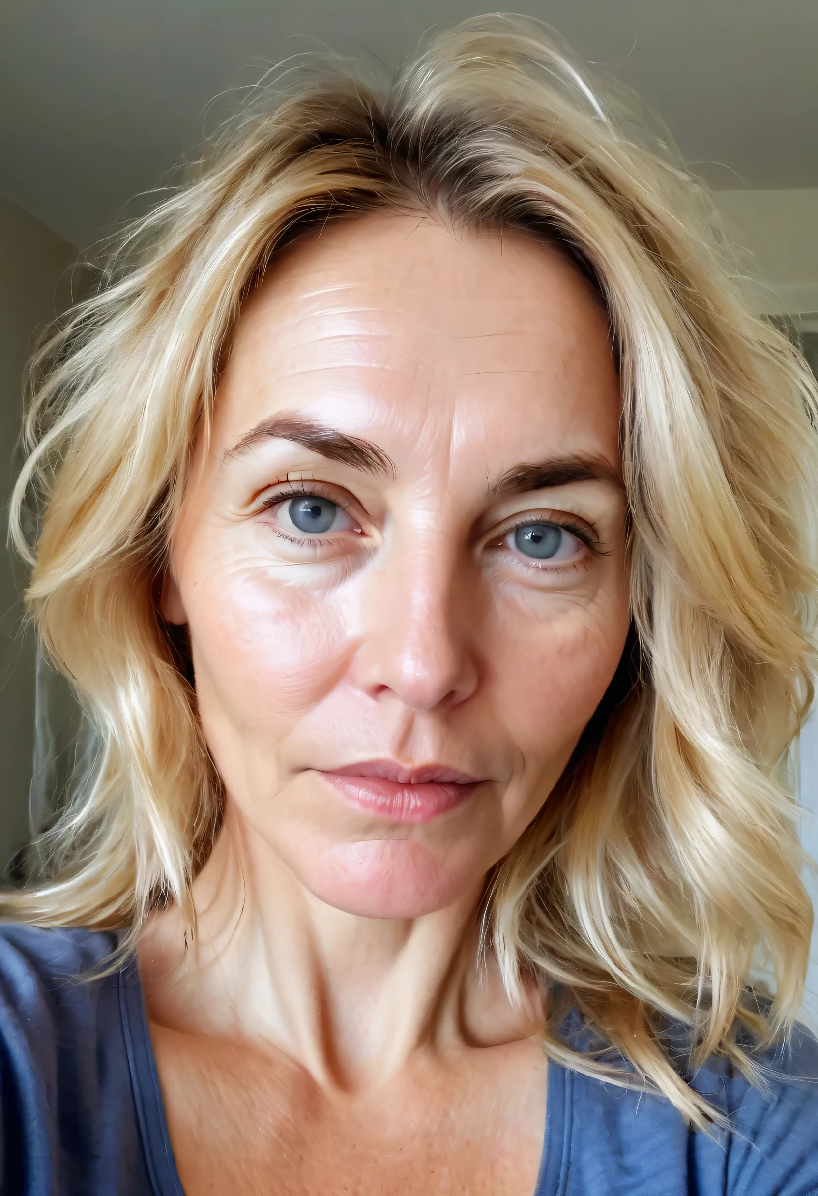 woman 45 years old, messy blonde hair, with open pores, wrinkles, natural eyes, big face and full lips, thick eyebrows, is looking directly at the camera, with a welcoming look, , homemade look photo, no effects and shine, must look like a real person, cell phone selfie photo, must have background image, if the room,