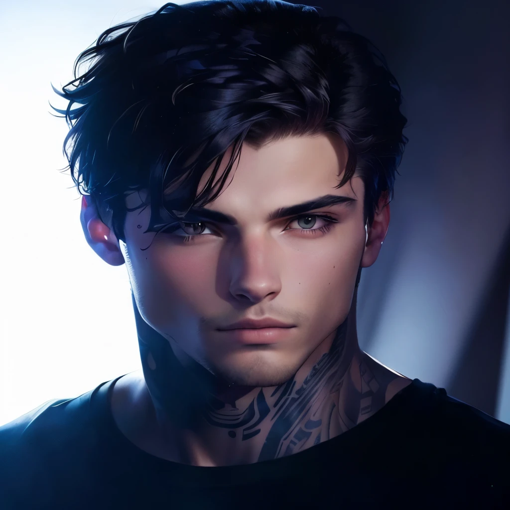 Image of a man with a tattoo on his chest, portrait of alec inspired teenager,really beautiful face!!, harsh good looking face, , profile image, promo image,