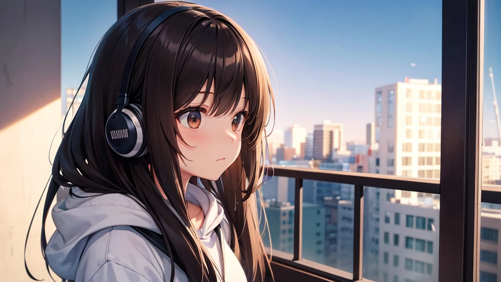 A young girl with long hair that's a mix of black and brown, wearing a hoodie
She's wearing headphones labeled "Lo-Fi"
The girl is shown in profile, gazing out of a window with a calm, contemplative expression
The background depicts the scenery of Namba, Osaka
Detailed rendering of individual hair strands, eye reflections, and fabric creases
A calm atmosphere suitable for Lo-Fi music
Pay special attention to lighting and shadows