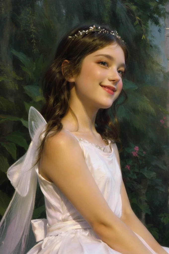 araphid girl in a white dress sitting on a bench, portrait of fairy princess, of a beautiful angel girl, smiling like a fairy queen, valentine shuffle, portrait of a fairy, a stunning young ethereal figure, young girl, portrait of princess, 3/4 view portrait, beautiful princess, fairy princess, Portrait of a princess, portrait of princess