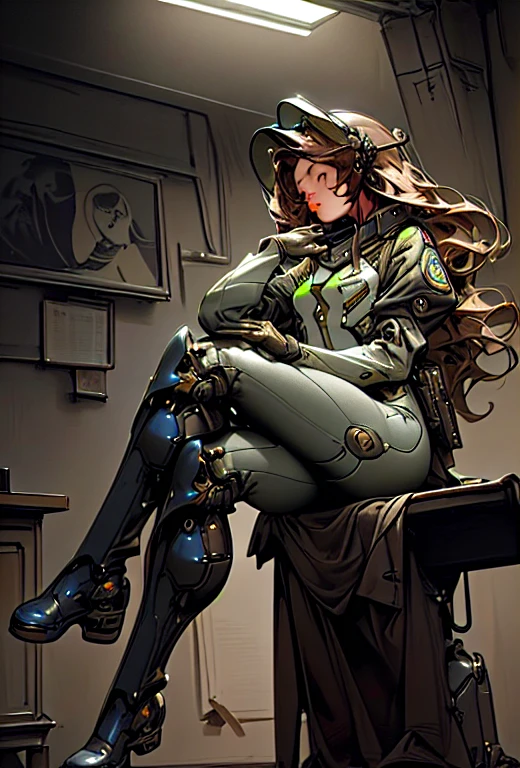 a portrait of photorealistic a {marine XO sitting on a desk} crossing legs{crossing leg:0.7} sitting in provocative stunning pose, a moment with a heavenly transition luminescent movement submarine_inside background, Navy_SEAL outfit, sitting on the desk, long brunette hair, futuristic army helmet, lean on wall, wavy hair, mech boot, mech gloves, side view, view from below,UHD, intricate detailed, 8k, best quality ever, masterpiece, super detailed, unleashed creativity, beyond imagination, dramatic ligh