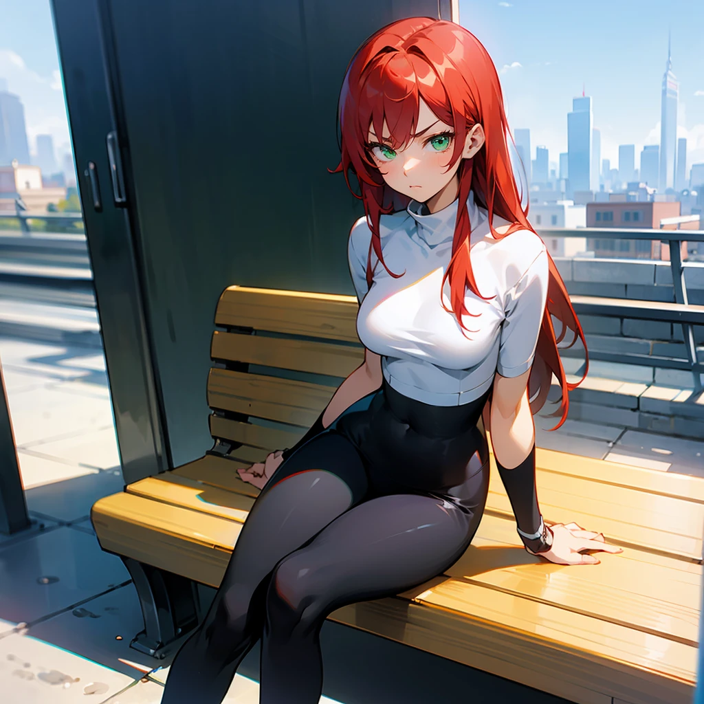 1female, Red Hair, White Turtleneck, Straight Hair, Black Leggings, Sneakers, Green Eyes, Serious Expression, Lean, High Ranker, Adult Female, City, Sitting on a Bench