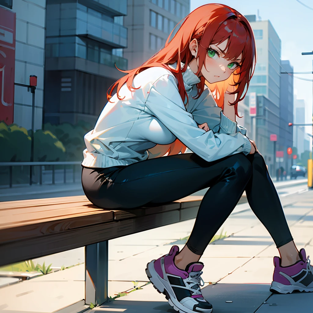 1female, Red Hair, White Turtleneck, Straight Hair, Black Leggings, Sneakers, Green Eyes, Serious Expression, Lean, High Ranker, Adult Female, City, Sitting on a Bench